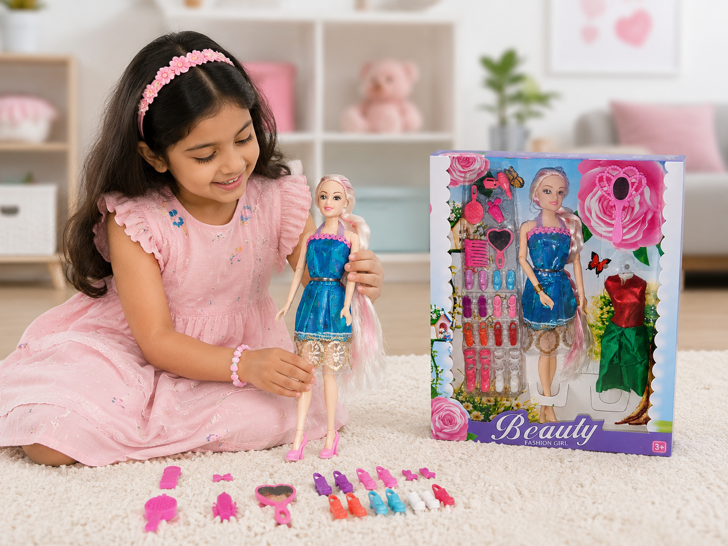 Beauty Fashion Doll Set with Dress Change, Shoes & Hair Accessories for Girls | 3+ Years