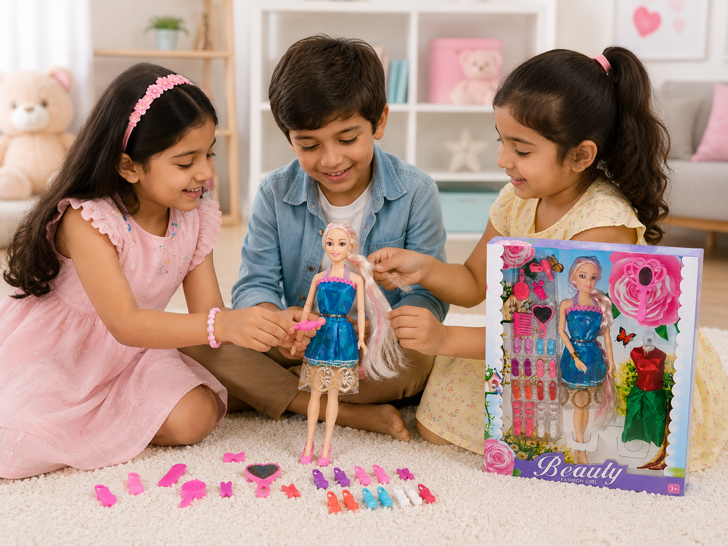 Beauty Fashion Doll Set with Dress Change, Shoes & Hair Accessories for Girls | 3+ Years